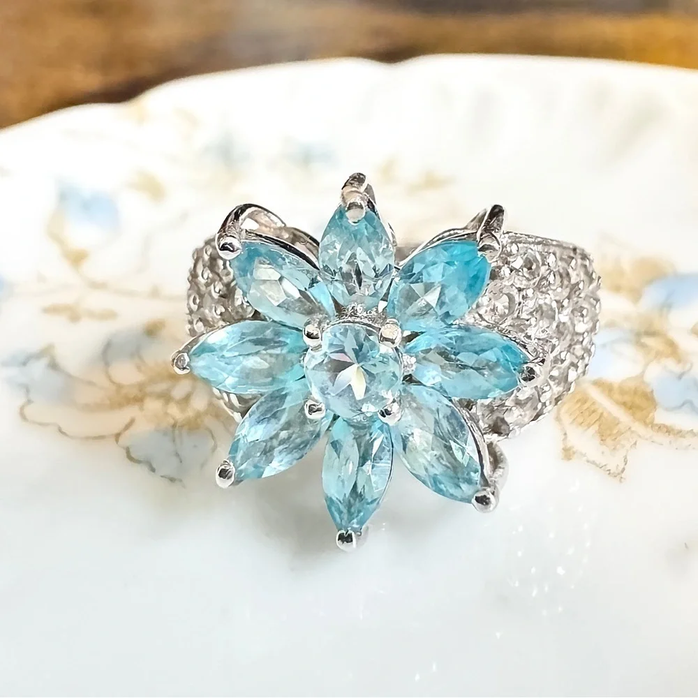 Aquamarine & White Topaz Platinum\Sterling Silver Ring (5.5)
